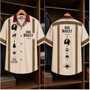 Bob Marley Reggae Lion Peace Sign Retro Beige Button Up Shirt Bob Marley Reggae Lion Peace Sign Retro Beige Button Up Shirt