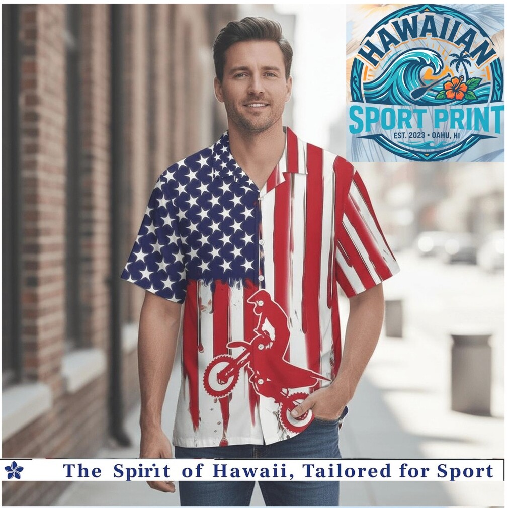 Dirt Bike Motorcycle American Flag Red Silhouette Hawaiian Shirt Dirt Bike Motorcycle American Flag Red Silhouette Hawaiian Shirt
