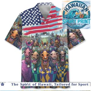 Funny Racing Horses American Flag Jockey Hawaiian Shirt