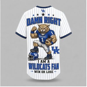 Kentucky Wildcats Mascot Damn Right Fan Win Or Lose Baseball Jersey