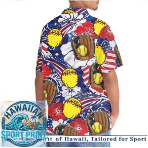 Patriotic Softball Red White Blue Flowers Gloves Sports Hawaiian Shirt