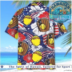 Patriotic Softball Red White Blue Flowers Gloves Sports Hawaiian Shirt