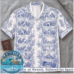 Stations Of The Cross Jesus Blue Toile De Jouy Hawaiian Shirt