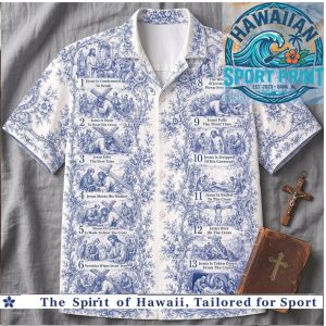 Stations Of The Cross Jesus Blue Toile De Jouy Hawaiian Shirt