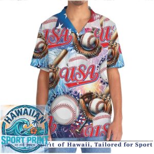 USA Baseball Glove Bat Independence Day Patriotic Hawaiian Shirt