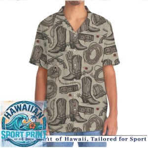 Vintage Western Cowboy Boots Spurs Guns Wild West Hawaiian Shirt