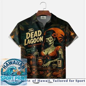 Dead Lagoon Tiki Lounge Zombie Pinup Scary Halloween Hawaiian Shirt