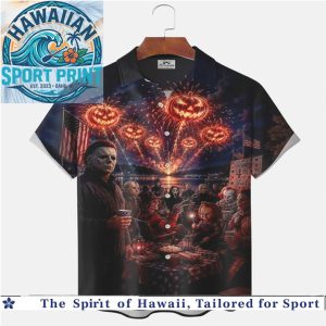 Horror Slasher Characters 4th Of July Fireworks Spooky Halloween Hawaiian Shirt