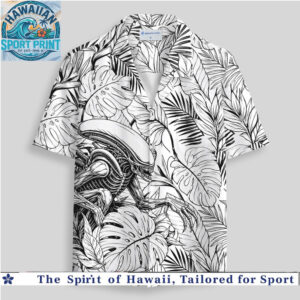 Alien Xenomorph Monster Tropical Jungle Monstera Leaves Black White Hawaiian Shirt