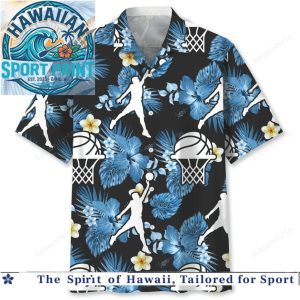 Basketball Hoop Blue Hibiscus Floral Tropical Summer Hawaiian Shirt