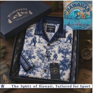 Bigfoot Wilderness Blue Toile de Jouy Vintage Aloha Hawaiian Shirt