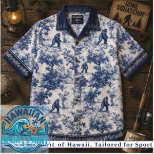 Bigfoot Wilderness Blue Toile de Jouy Vintage Aloha Hawaiian Shirt