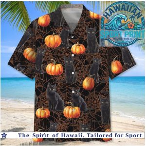Black Cat Spider Web Halloween Pumpkin Tropical Aloha Shirt