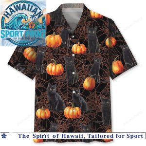 Black Cat Spider Web Halloween Pumpkin Tropical Aloha Shirt