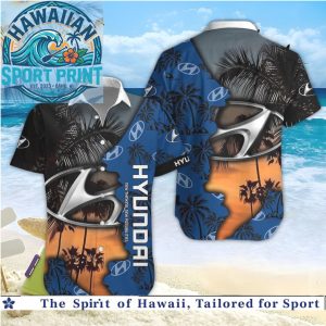 Blue Sunset Palm Tree Hyundai Logo Car Brand Hawaiian Shirt