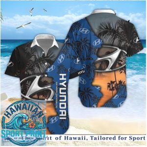 Blue Sunset Palm Tree Hyundai Logo Car Brand Hawaiian Shirt