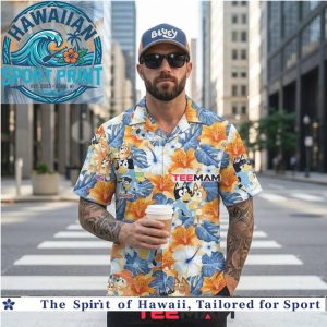 Bluey Hibiscus Floral Tropical Summer Aloha Hawaiian Shirt
