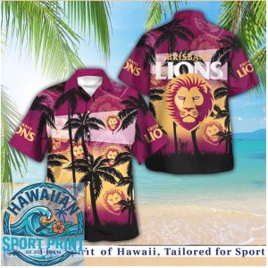 Brisbane Lions AFL Team Mascot Sunset Palm Tree Sports Hawaiian Shirt