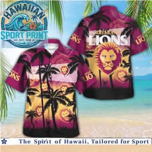 Brisbane Lions AFL Team Mascot Sunset Palm Tree Sports Hawaiian Shirt