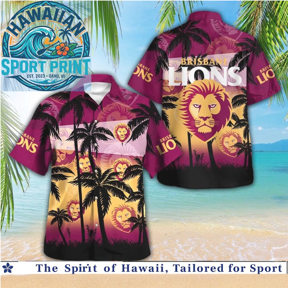 Brisbane Lions AFL Team Mascot Sunset Palm Tree Sports Hawaiian Shirt Brisbane Lions AFL Team Mascot Sunset Palm Tree Sports Hawaiian Shirt