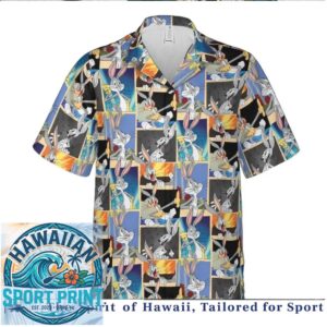 Bugs Bunny Comic Strip Action Retro Blue Hawaiian Shirt
