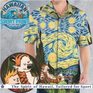 Calvin and Hobbes Starry Night Van Gogh Art Hawaiian Shirt
