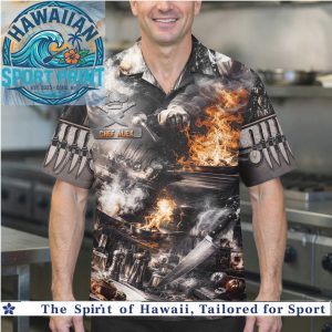 Chef Kitchen Cooking Fire Flames Knives Culinary Hawaiian Shirt