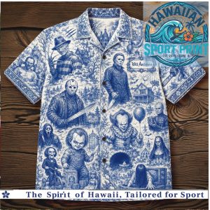 Classic Horror Movie Characters Halloween Blue Toile Hawaiian Shirt