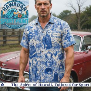 Classic Horror Movie Characters Halloween Blue Toile Hawaiian Shirt