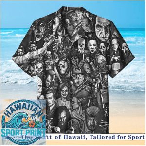 Classic Horror Movie Monsters Halloween Spooky Black And White Hawaiian Shirt