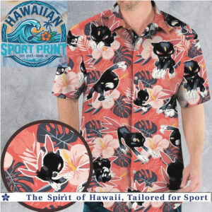 Cute Black Cat Tropical Hibiscus Floral Summer Hawaiian Shirt