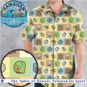 Cute Pokemon Starter Faces Grid Pattern Aloha Hawaiian Shirt
