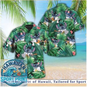 Cute Stitch Playing Ukulele Tropical Jungle Leaves Aloha Hawaiian Shirt