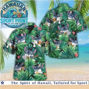 Cute Stitch Playing Ukulele Tropical Jungle Leaves Aloha Hawaiian Shirt