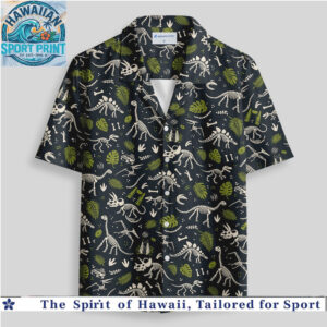 Dinosaur Skeletons Fossils Tropical Leaves Jurassic Style Hawaiian Shirt