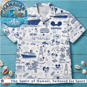 Disney Cruise Line Mickey Mouse Nautical Blue Toile Hawaiian Beach Shirt