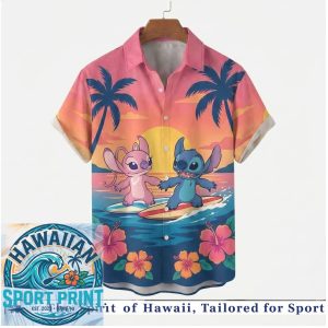 Disney Stitch Angel Surfing Sunset Beach Tropical Love Summer Hawaiian Shirt