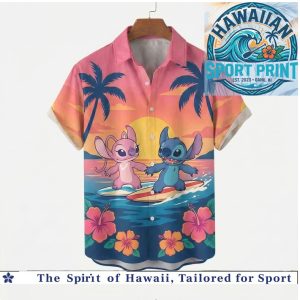 Disney Stitch Angel Surfing Sunset Beach Tropical Love Summer Hawaiian Shirt