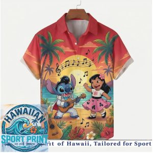 Disney Stitch Elvis Guitar Hula Dancer Tropical Sunset Music Hawaiian Shirt