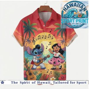 Disney Stitch Elvis Guitar Hula Dancer Tropical Sunset Music Hawaiian Shirt