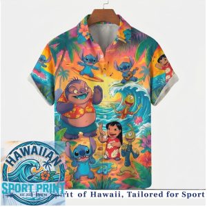 Disney Stitch Surfing Wave Palm Trees Tropical Vacation Summer Hawaiian Shirt