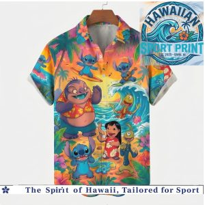 Disney Stitch Surfing Wave Palm Trees Tropical Vacation Summer Hawaiian Shirt