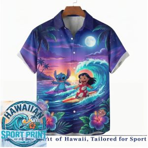 Disney Stitch Surfing Waves Moonlight Tropical Summer Beach Hawaiian Shirt