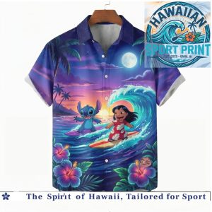 Disney Stitch Surfing Waves Moonlight Tropical Summer Beach Hawaiian Shirt