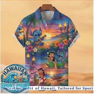 Disney Stitch Tiki Torches Beach Party Tropical Sunset Summer Hawaiian Shirt