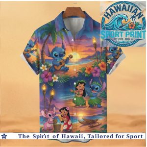 Disney Stitch Tiki Torches Beach Party Tropical Sunset Summer Hawaiian Shirt