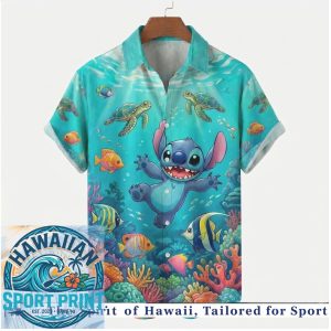 Disney Stitch Underwater Sea Turtle Coral Reef Tropical Hawaiian Shirt