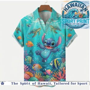 Disney Stitch Underwater Sea Turtle Coral Reef Tropical Hawaiian Shirt