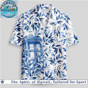 Doctor Who TARDIS Police Box Blue Floral Botanical Hawaiian Shirt
