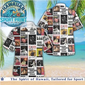 Elvis Presley Newspaper Record Cover Collage Vintage Hawaiian Shirt
